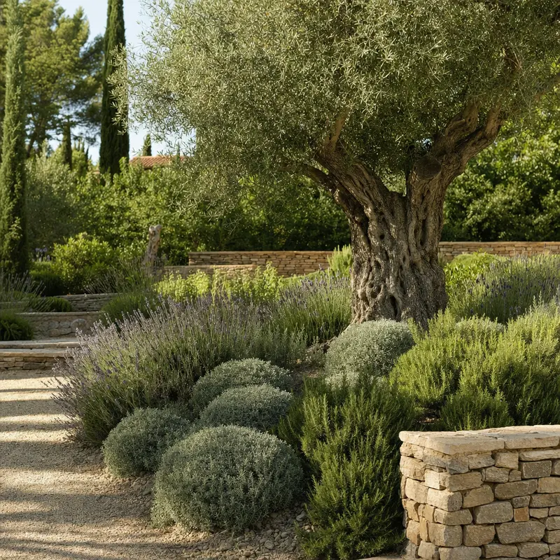 Jardín mediterráneo cuidado: olivo, lavanda y aromáticas
