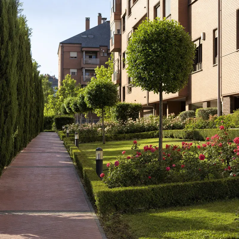 Zona verde comunitaria con setos alineados entre bloques de viviendas