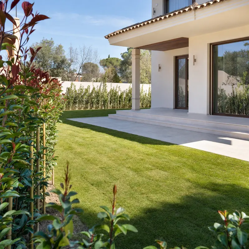 Jardín de obra nueva con tepe recién extendido y seto joven entutorado
