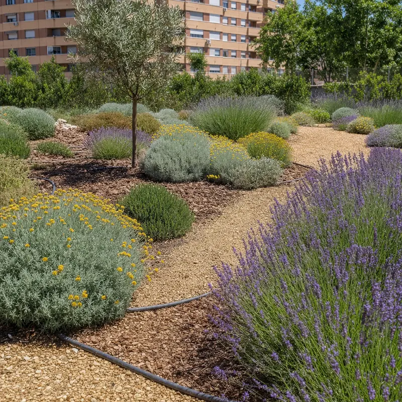 Plantación de bajo consumo con aromáticas y grava entre bloques