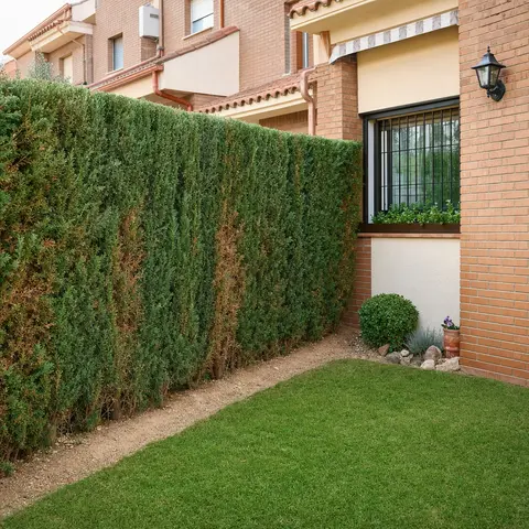 Jardín delantero de adosado con seto de arizónica envejecido