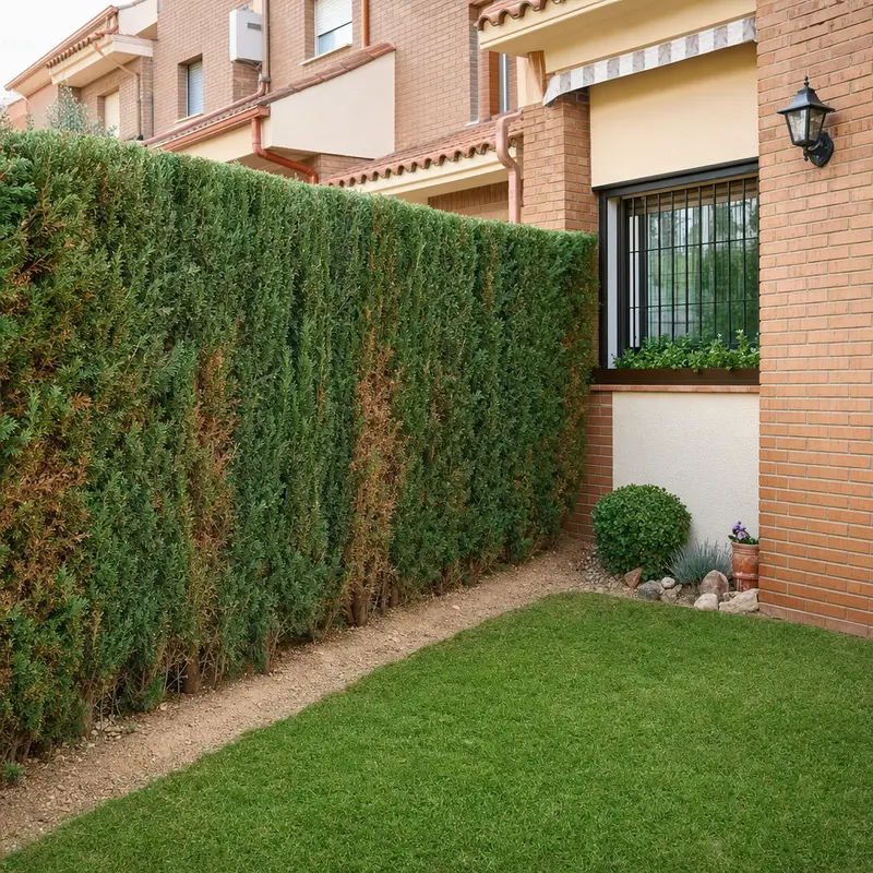 Jardín delantero de adosado con seto de arizónica envejecido