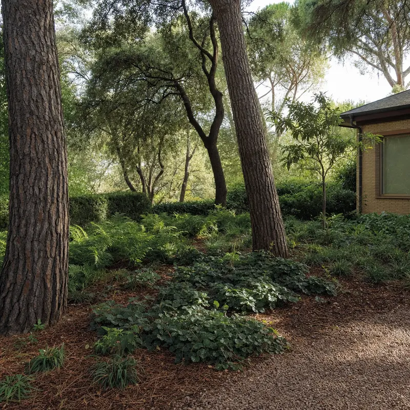 Jardín en sombra bajo pinos con parterres de corteza y tapizantes