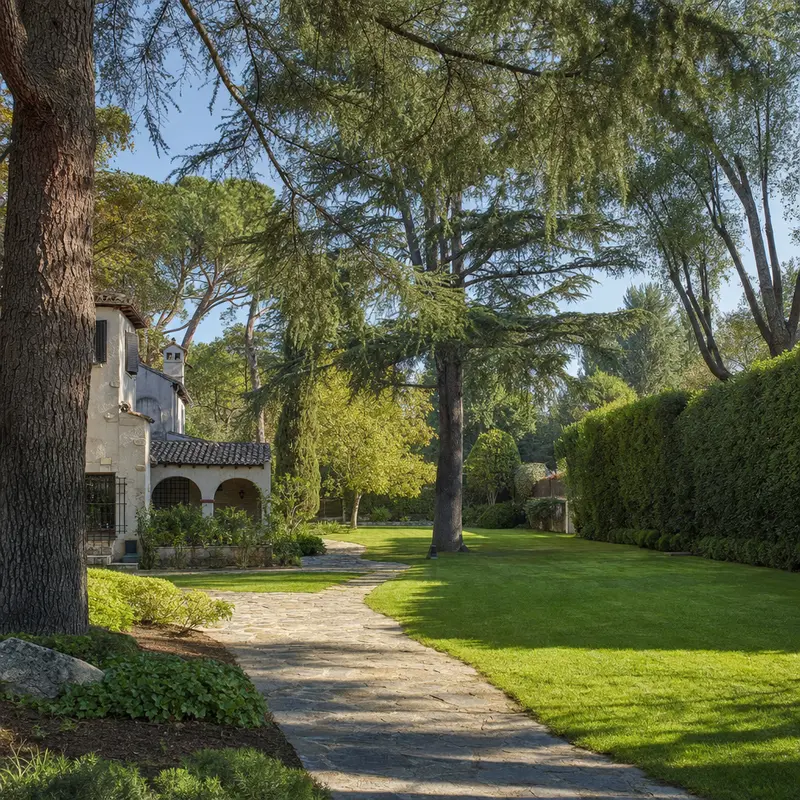 Jardín consolidado de chalet con seto perimetral alto y arbolado adulto