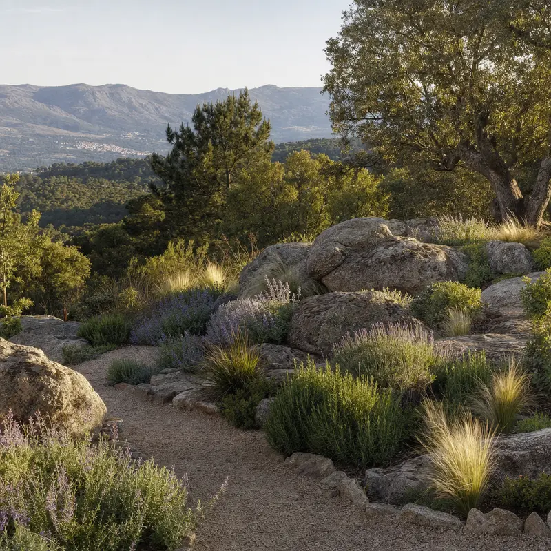Jardín de sierra con rocas de granito, encinas y aromáticas